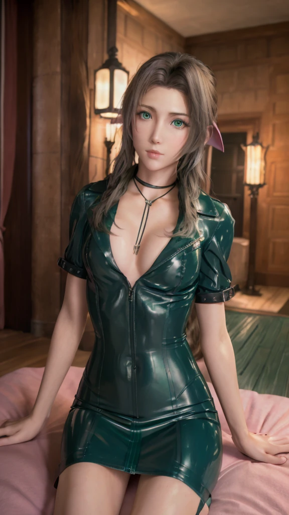  as in the picture , CG, Best Quality,    highly detailed masterpiece   ,   Highly Detailed CG Unity 8k Wallpaper , , Best Quality,  Very strange ,    extremely detailed one beautiful woman  , Aerith Gainsborough, Alone,     full body shot ,    bright texture and light on the face   ,   wearing a full-body fitted latex suit  ,There are , black  latex suit PVC   ,   latex long skirt  ,black latex has a very   , Long Hair,   necklace  ,   jewelry,  Dark green eyes ,Put your hands together,  Lip details , As a Westerner  , Have、   highly detailed green eyes and very detailed eyes that reveal skin from latex catsuits,   looks up ,Inside the house at night, Pink light,Sit on the bed