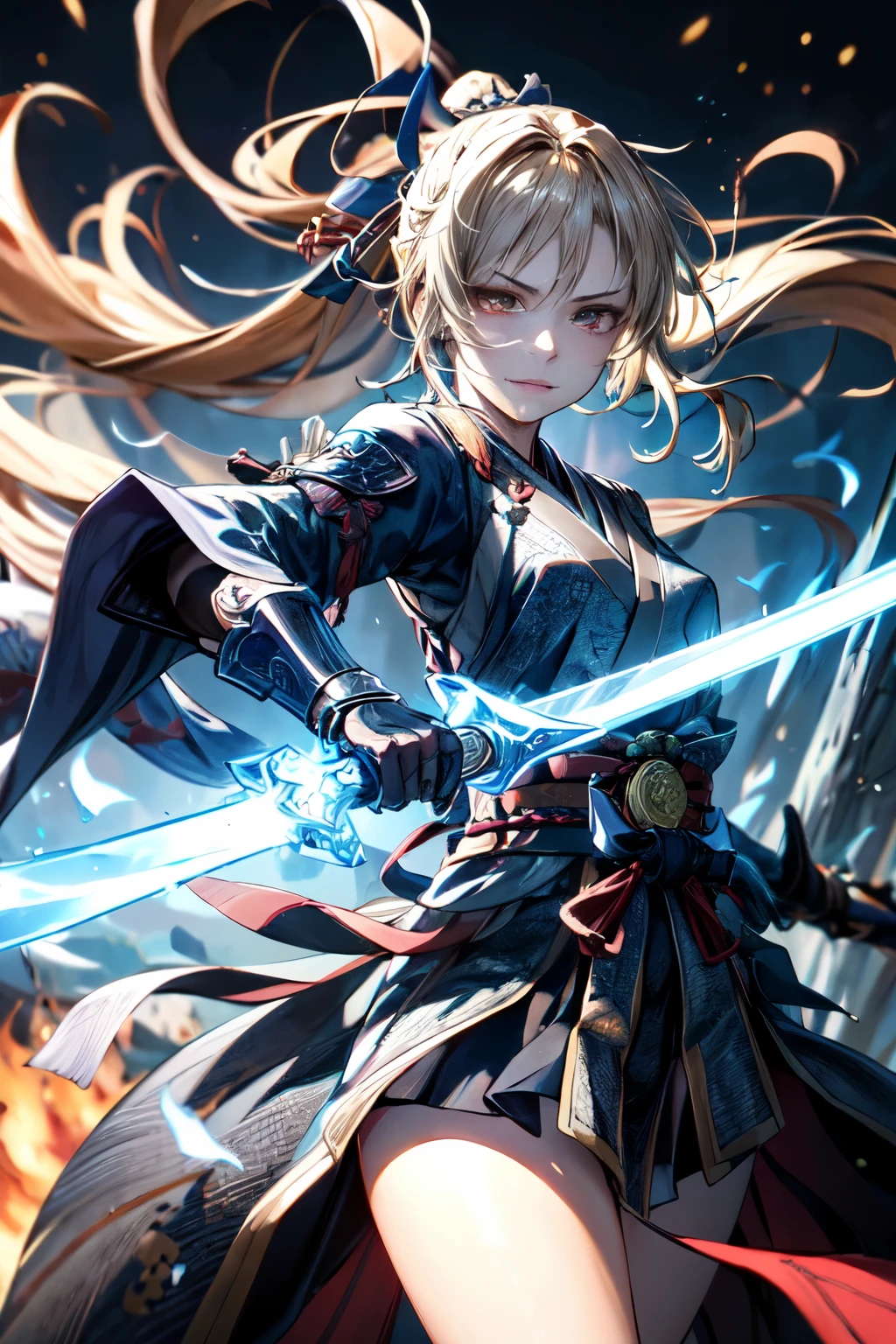 a woman warrior in an anime art style, highly anatomically accurate, detailed character expressions, ponytail hairstyle, masterpiece, wrinkled skin, action painting style, heavy makeup, tan skin, perfect face, perfect eyes, samurai, samurai armor, feudal japan warrior, waist armor, sword strike, small bust, slender thighs, combat with enemies, calm expression, fire elemental, blonde hair, feudal japan warlord, battle of sekigahara, glowing sword effects, translucent sword