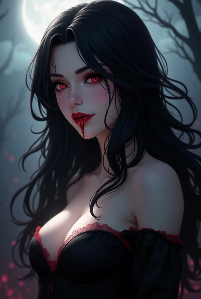 a picture of a female vampire, (Masterpiece, intense details: 1/5 ), exquisite, dreadful beautiful vampire, long black hair, intense green eyes, half-closed eyes, evil smile, fangs, busty sitting near a large pool of dark ((red blood: 1.2)) stone steps, lit by candles, falls of blood fill the pool,  ,(Masterpiece, intense details) wearing glamour black bathing suit, high detail, Conceptual art, Realism, cinematic lighting, moon light, reflection light, from side, panorama, Ultra-Wide Angle, Wide-Angle, award winning, best quality, high quality, high details, highres, vibrant, Ultra-high resolution, High Contrast, (masterpiece:1.5), highest quality, Best aesthetics), best details, best quality, highres, ultra wide angle, 16k, [ultra detailed], masterpiece, best quality, (extremely detailed), Blood_Covered, vampire teeth, Intense gaze
