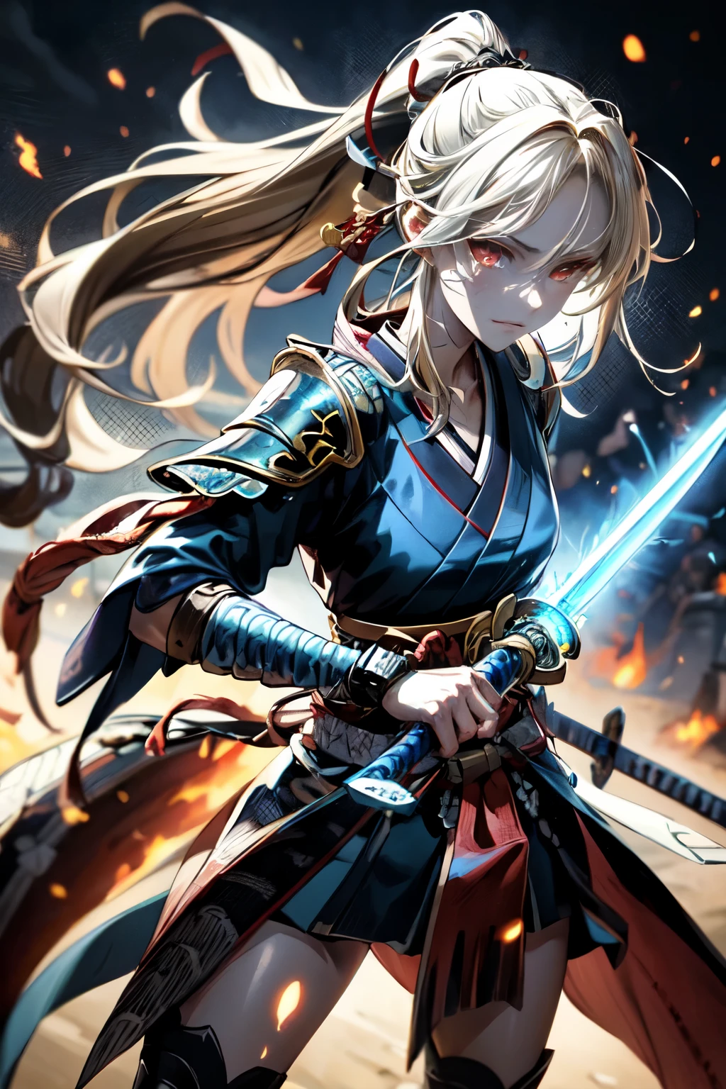 a woman warrior in an anime art style, highly anatomically accurate, detailed character expressions, ponytail hairstyle, masterpiece, wrinkled skin, action painting style, heavy makeup, tan skin, perfect face, perfect eyes, samurai, samurai armor, feudal japan warrior, waist armor, sword strike, small bust, slender thighs, combat with enemies, calm expression, fire elemental, blonde hair, feudal japan warlord, battle of sekigahara, glowing sword effects, translucent sword