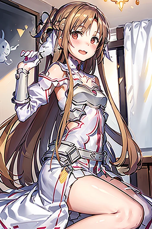 ((Best Quality)), ((masterpiece)), (be familiar with),  perfect face, indoor, bedroom,  watching viewers,
One woman, Yuuki Asuna,
 characters with open mouth ,  ecstatic expression , blush, smile,
Small breasts,  flat chest, , ,  kids, Girl,
Long Hair,  long hair,
Leg spread,