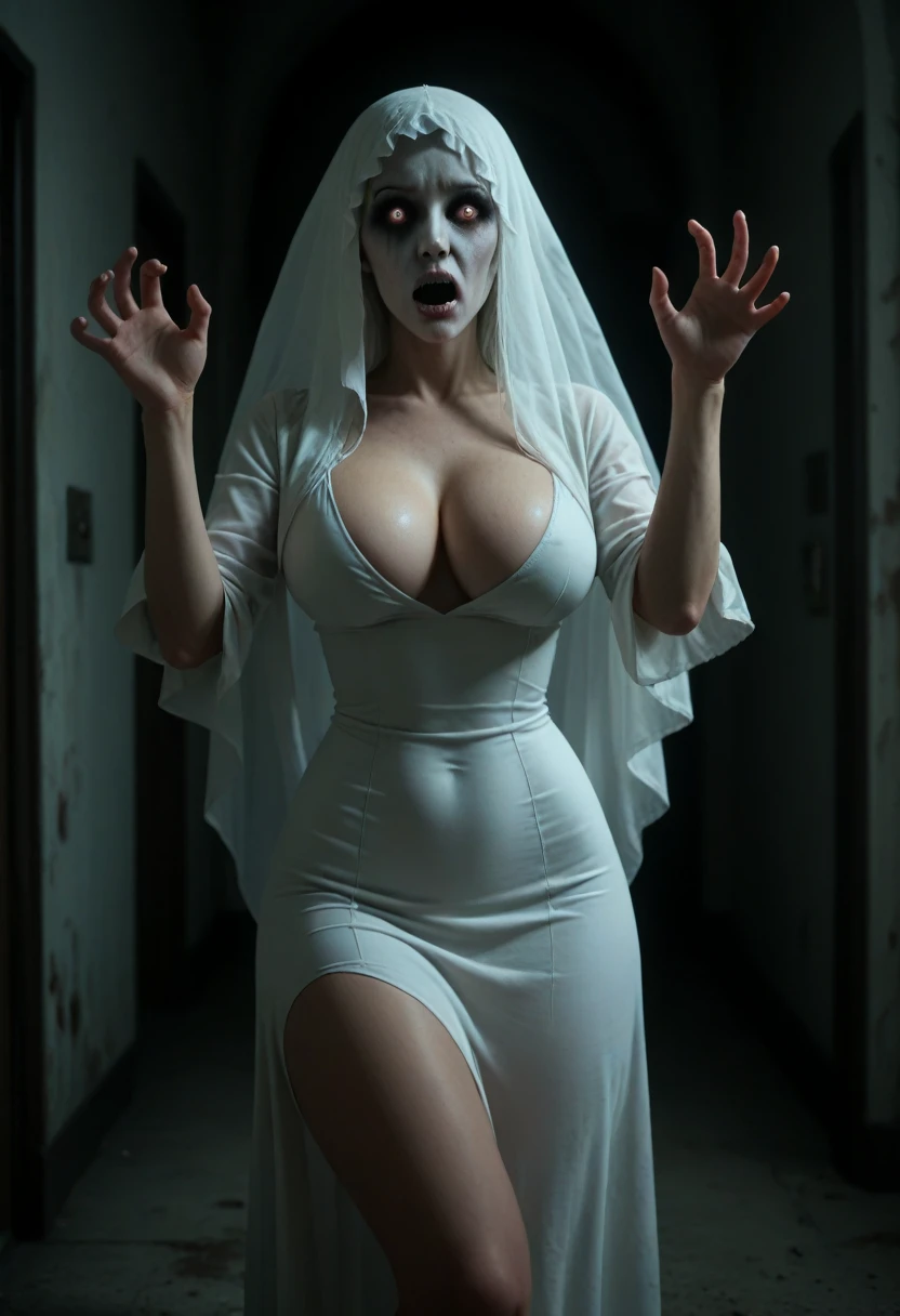  Subtly censor  ,  image suitable for the public . Ambiente macabro, horror scene.  Supersexy woman wearing a ghost costume  .  A woman's face completely covered For a White Veil  ,  body of a super sexy woman  ,  big breasts  ,  BIG T highlighted by the white dress  ,  small waist , sexy waist,  large hips, sexy hips, sexy ass, attractive butt, beautiful thighs,  striking thighs  , muslos grandes,  semitransparent white dress that highlights her beautiful curved scenery  ,  white dress fitted to her body  ,  beautiful simple white dress  ,  dress that is part of a ghost costume  ,  with excess fabric on the arms that allude to the shape of ghosts  ,  ghost pose scaring others  ,  parts of the costume become transparent with light  , scary scenario , scenario recreated in a dark quiet of a scary abandoned hotel , moist walls  , dimly lit hallway, ,  the burly ghost woman is perfectly illuminated by the ambient lights that reveal her beautiful figure.  Hyperrealistic composition style with semi-realistic details  ,  perfect composition  ,  A masterpiece of the highest quality, 16k quality,  high contrast,  Focus on the details , scary semi-dark environment ,  The scene and the macabre environment predominate , scary.