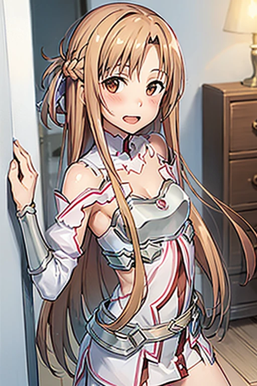 ((Best Quality)), ((masterpiece)), (be familiar with),  perfect face, indoor, bedroom,  watching viewers,
One woman, Yuuki Asuna,
 characters with open mouth ,  ecstatic expression , blush, smile,
Small breasts,  flat chest, , ,  kids, Girl,
Long Hair,  long hair,
Leg spread,