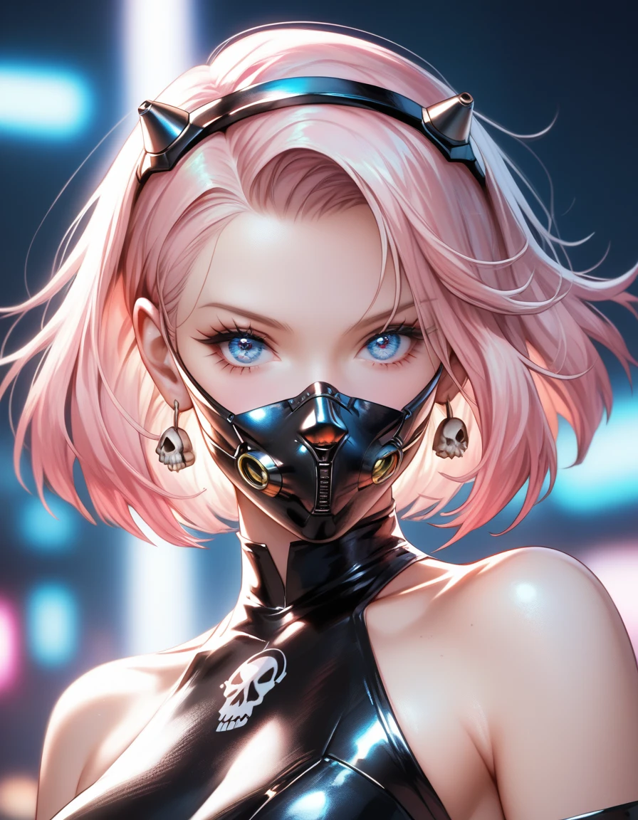 A digital artwork in the style of cknc, A half-body shot of a beautiful cyborg girl in her futuristic workshop. She has neon pink hair cascading down her shoulders, contrasting sharply with her black lipstick. The top of her face, from under the nose to the forehead, is removed like a mask, revealing a detailed mechanical skull underneath. With intense focus, she uses a glowing soldering iron to carefully repair the cracks on a detached skull, which rests in her other hand. Her exposed robotic eye glows a brilliant blue, illuminating the intricate cybernetic components beneath the skull. The workshop is cluttered with futuristic tools, wires, and neon-lit gadgets, all bathed in vibrant cyberpunk hue, electric pinks, deep blues, and fluorescent greens. The neon light reflects off her sleek metallic parts, casting dynamic shadows, while the scene radiates a blend of gritty industrial and high-tech futurism. The art style is highly detailed, in the vein of futurist anime, capturing the beauty of the cyborg girl and the mechanical complexity of her exposed skull.
