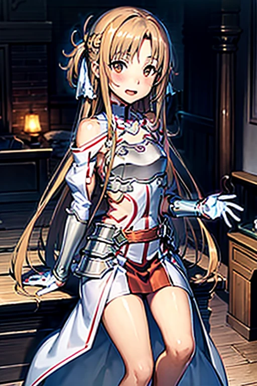 ((Best Quality)), ((masterpiece)), (be familiar with),  perfect face, indoor, bedroom,  watching viewers,
One woman, Yuuki Asuna,
 characters with open mouth ,  ecstatic expression , blush, smile,
Small breasts,  flat chest, , ,  kids, Girl,
Long Hair,  long hair,
Leg spread,