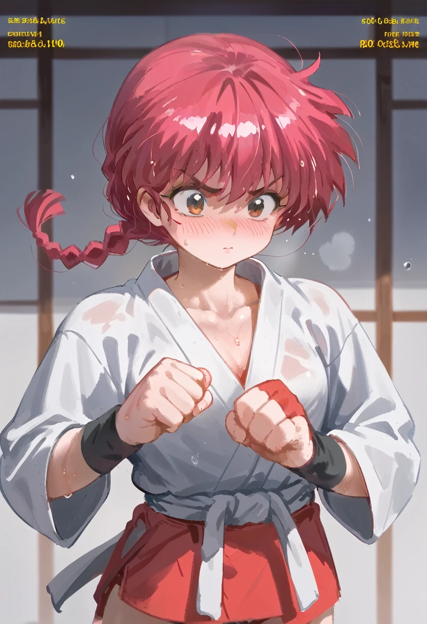 Ranma saotome, red hair, Hair with braid, training, sweat, blush, strong training ,  martial arts dojo 