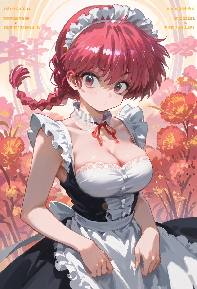 Ranma saotome, Red hair, Hair with braid, very large breasts, maid outfit, maid costume, lace neck collar, 