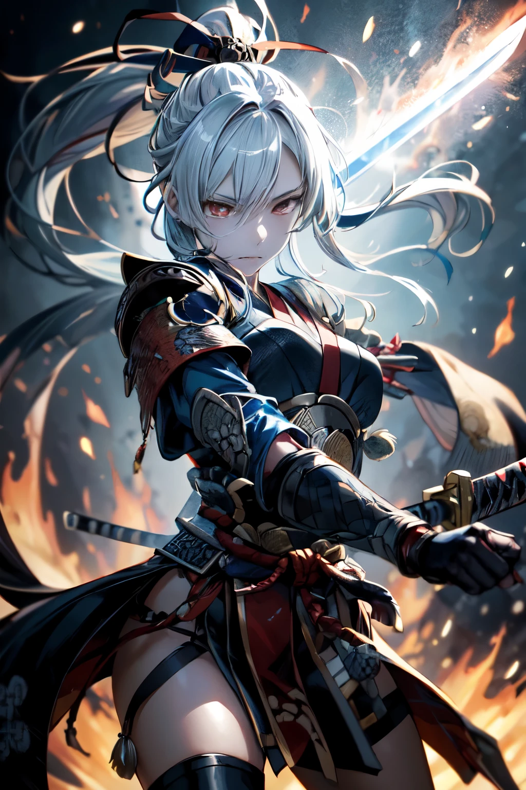 a woman warrior in an anime art style, highly anatomically accurate, detailed character expressions, ponytail hairstyle, masterpiece, wrinkled skin, action painting style, heavy makeup, tan skin, perfect face, perfect eyes, samurai, samurai armor, feudal japan warrior, waist armor, sword strike, small bust, slender thighs, combat with enemies, calm expression, fire elemental, blonde hair, feudal japan warlord, battle of sekigahara, glowing sword effects, translucent sword