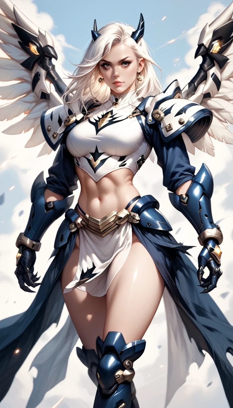 (score_9, score_8_up), score_7_up, RavenG40k, 1girl, solo, white hair, black power armor, midriff, pelvic curtain, thighs, power claws, wings, jetpack
