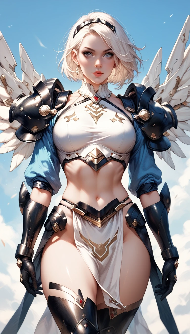 (score_9, score_8_up), score_7_up, RavenG40k, 1girl, white hair, black power armor, midriff, pelvic curtain, thighs,
