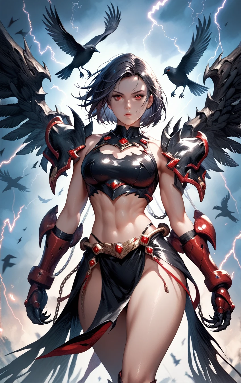 (score_9, score_8_up), score_7_up, RavenG40k, 1girl, black hair, power armor, midriff, pelvic curtain, thighs, chains, claws, lightning, crows, red eyes, raven wings
