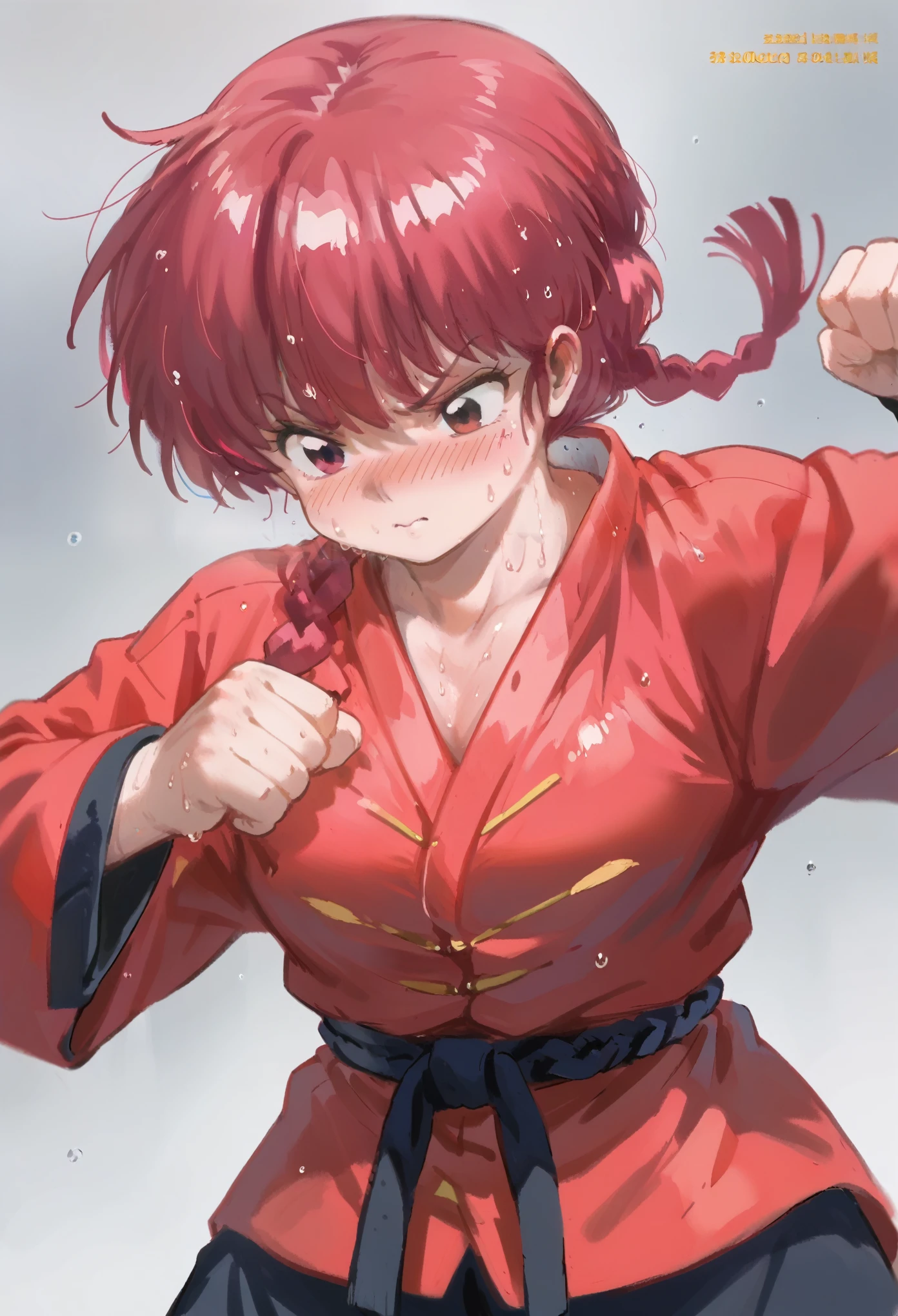 Ranma saotome, red hair, Hair with braid, training, sweat, blush, strong training ,  martial arts dojo 