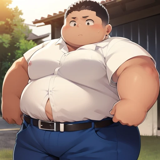 morbidly obese, fat, (big boy), potbellied, sagging hips, fat pecs, hard red nipples, deep fatty bellybutton, wearing a tight scholar uniform (white button shirt, dark blue long pant), black hair, black skin, Latin American, sweating, blushing, bulge in his crotch, large member bulging out of his underwear, hard erect member under his underwear, standing in the sun, in the school yard, detailed face