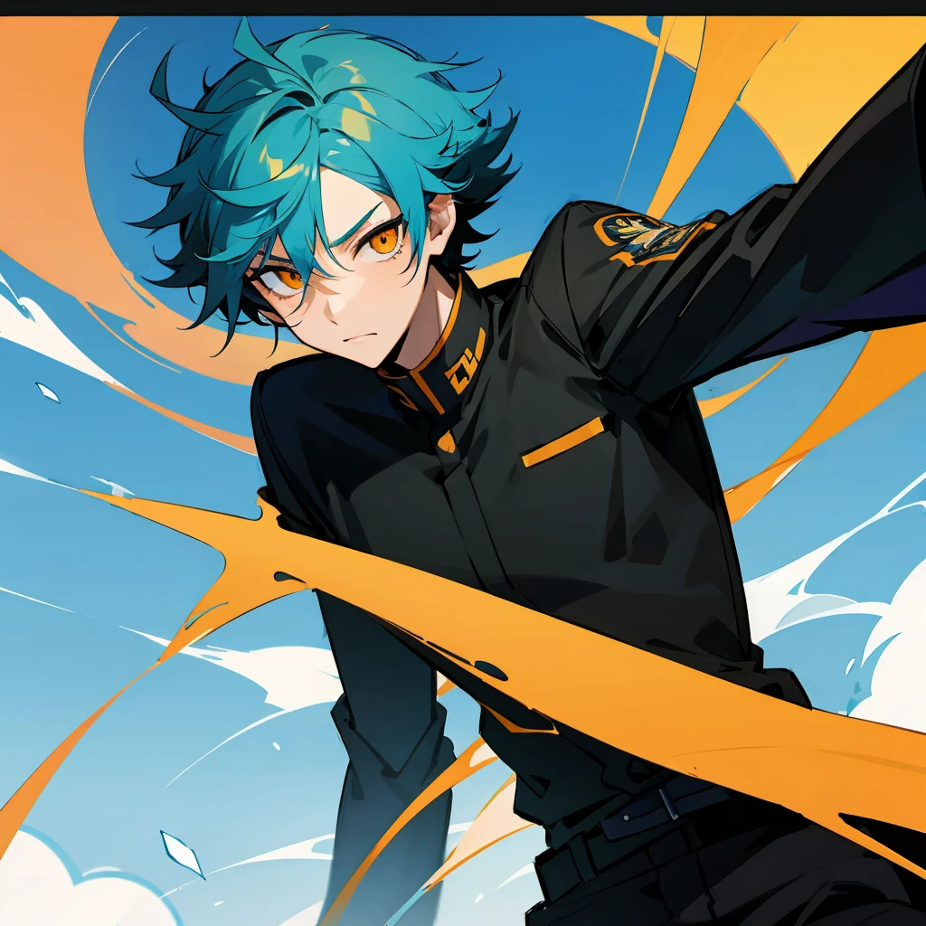 1 boy, Turquoise hair, orange eyes, black uniform, handsome, orange eye liner, high quality, high quality 