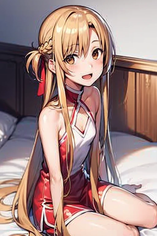 ((Best Quality)), ((masterpiece)), (be familiar with),  perfect face, indoor, bedroom,  watching viewers,
One woman, Yuuki Asuna,
 characters with open mouth ,  ecstatic expression , blush, smile,
Small breasts,  flat chest, , ,  kids, Girl,
Long Hair,  long hair,
Leg spread,