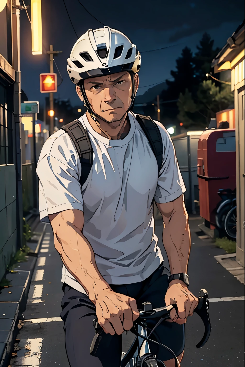  47 year old middle-aged man riding a road bike、White、Masculine、Shaved head、detailed expression、Suspicious creepy public restroom at night 、Wearing a helmet、