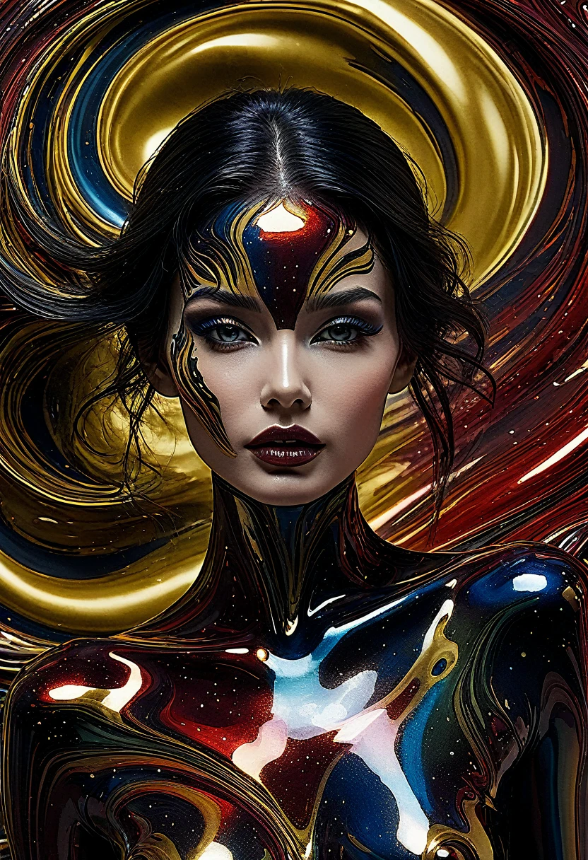 (body formed by galactic liquid mauevine and black metallic paint twisting into a beautiful interpretation of the female figure), au naturel,((complex galactic metallic colours in the foreground)), (( fluid mechanics, the loveliest smooth scale face makeup, smirky expression)) - red, black and gold, onyxia, metallic color palette g0s1