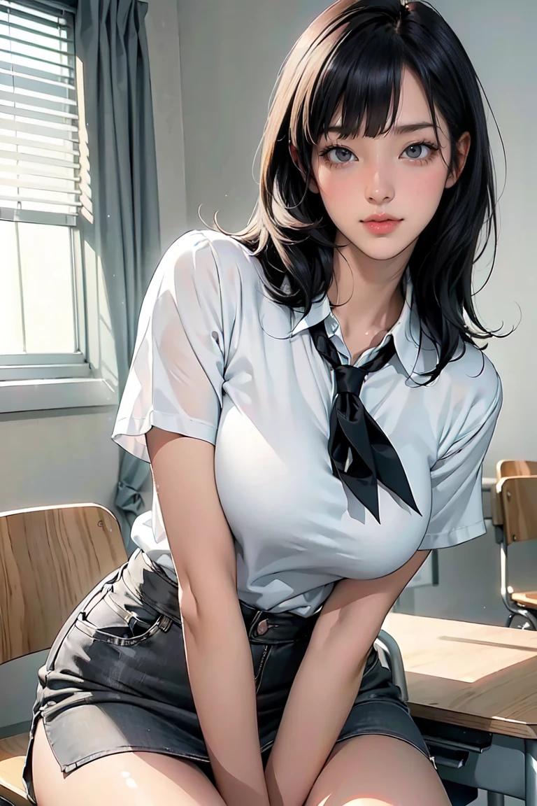 ((masterpiece、highest quality、realistic、Super detailed、High resolution、Photoreal、sharp focus, 8k)), (solo, Face_to_below_knee:1.37, from front, looking at viewer), With an oval face and symmetrical facial structure, medium breasts,(white shirts, grey tight line miniskirt, black_tie:1.3, straight_hair, black hair, short blunt bangs), (in class room:1.2), soft skin, white arms, high color saturation, detailed hand drawn,(blush:1.2), ((slender beautiful body shape)), (shiny skin:1.2), korean idol,black hair,beautiful girl,skistyle,oda non