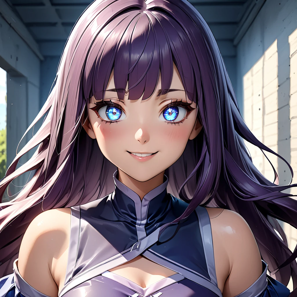 Masterpiece, 4K, HDR, full HD, (best quality), (ultra detailed), (only), intricate ANIME TYPE, best quality, 1girl, deep purple hair , hyper beautiful face, purple hair, perfect anatomy, shiny skin, full body, alone (shiny purple hair, long hair), looking at viewer, perfect hands, perfect legs, super detailed clothes, intricate clothes, hyper detailed cloths, super detailed face, super detailed skin, super detailed quality, expressive eyes, blue eyes, super detailed eyes, JK, epngekatsuragimisato ,  SDXL Illustration Design Beautiful Girl Two-dimensional Pretty Girl Digital Painting Comic Ukiyo-e Watercolor Manga Other,ROUGH, smile, blushing, dynamic pose, American shot, cowboy shot, portrait quality, she wears Daphne Blake's outfit, EPsbdDaphne, 