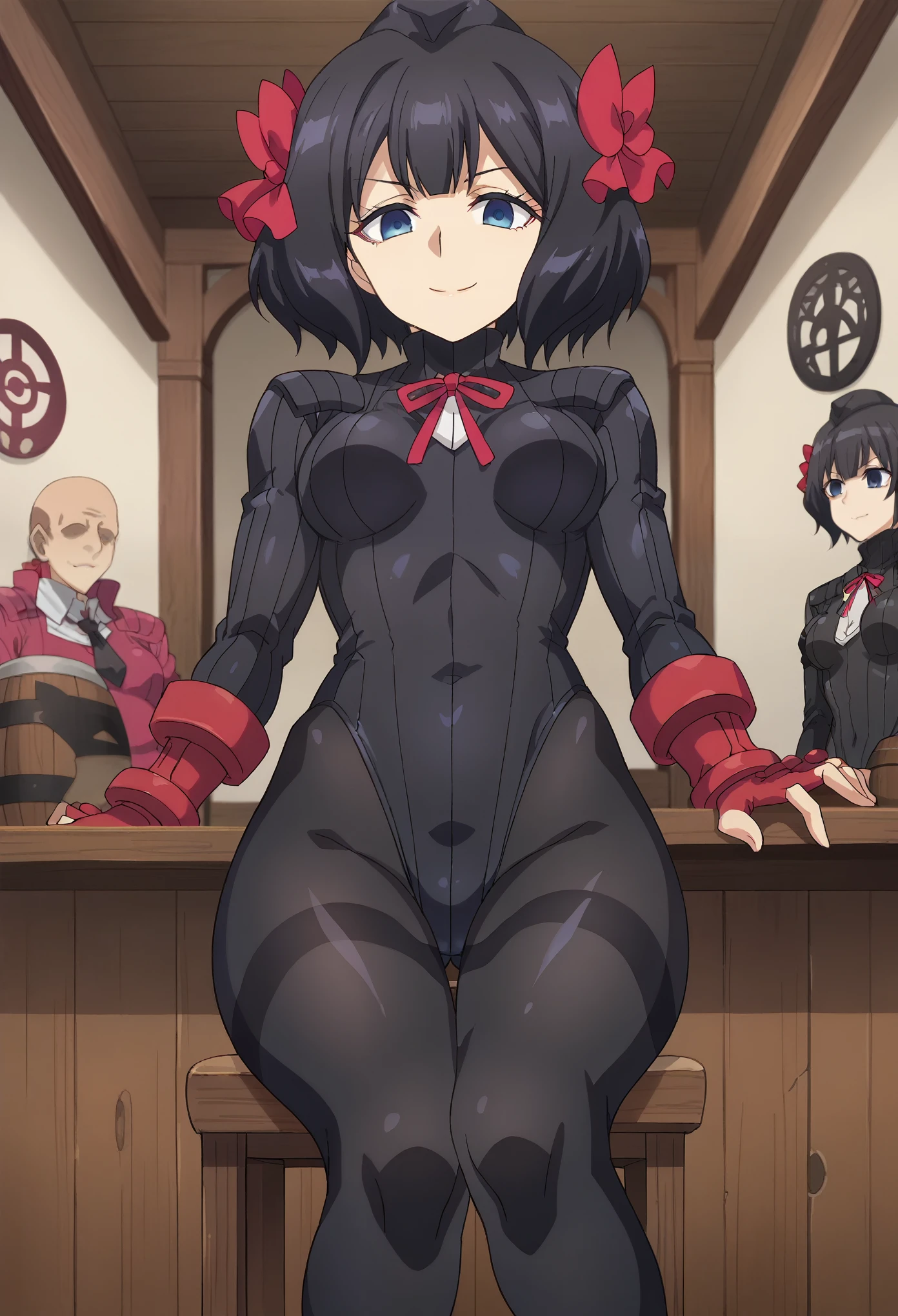 score_7_up, anime screencap, TinoShade, 1girl, solo, medium breasts, medium hair, black hair, blue eyes, hair bow, red bow, neck ribbon, red ribbon, dollsuit,black pantyhose, thigh gap, void eyes,emotionless, dark persona,indoors,  tavern, sit on chair, cross legs, smile, half-closed eyes, bottom view