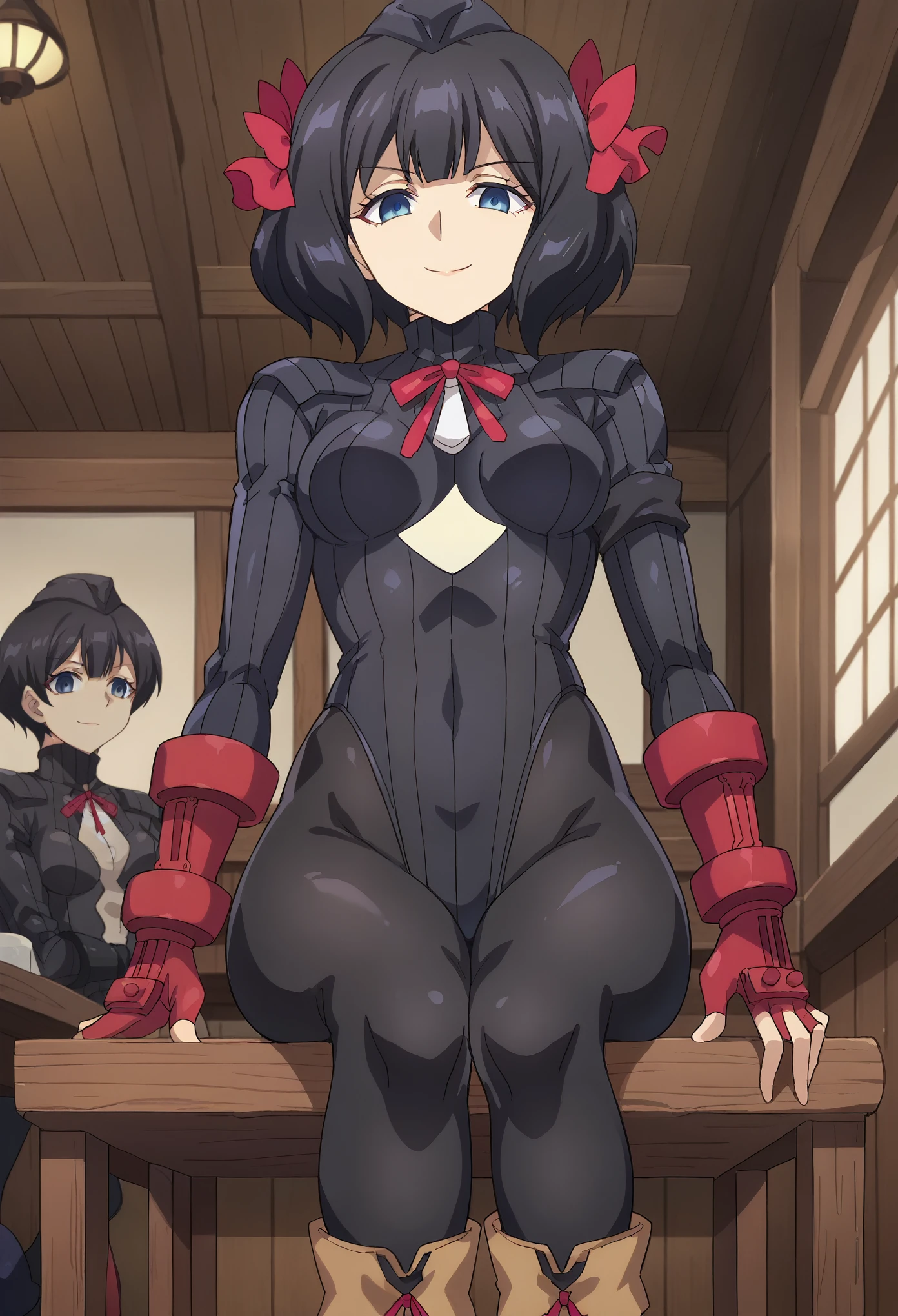 score_7_up, anime screencap, TinoShade, 1girl, solo, medium breasts, medium hair, black hair, blue eyes, hair bow, red bow, neck ribbon, red ribbon, dollsuit,black pantyhose, thigh gap, void eyes,emotionless, dark persona,indoors,  tavern, sit on chair, cross legs, smile, half-closed eyes, bottom view