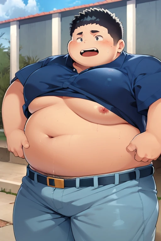 morbidly obese, fat, (big boy), potbellied, sagging hips, fat pecs, hard red nipples, deep fatty bellybutton, wearing a tight scholar uniform (white button shirt, dark blue long pant), black hair, black skin, Latin American, sweating, blushing, bulge in his crotch, large member bulging out of his underwear, hard erect member under his underwear, standing in the sun, in the school yard, panting from the heat, detailed face