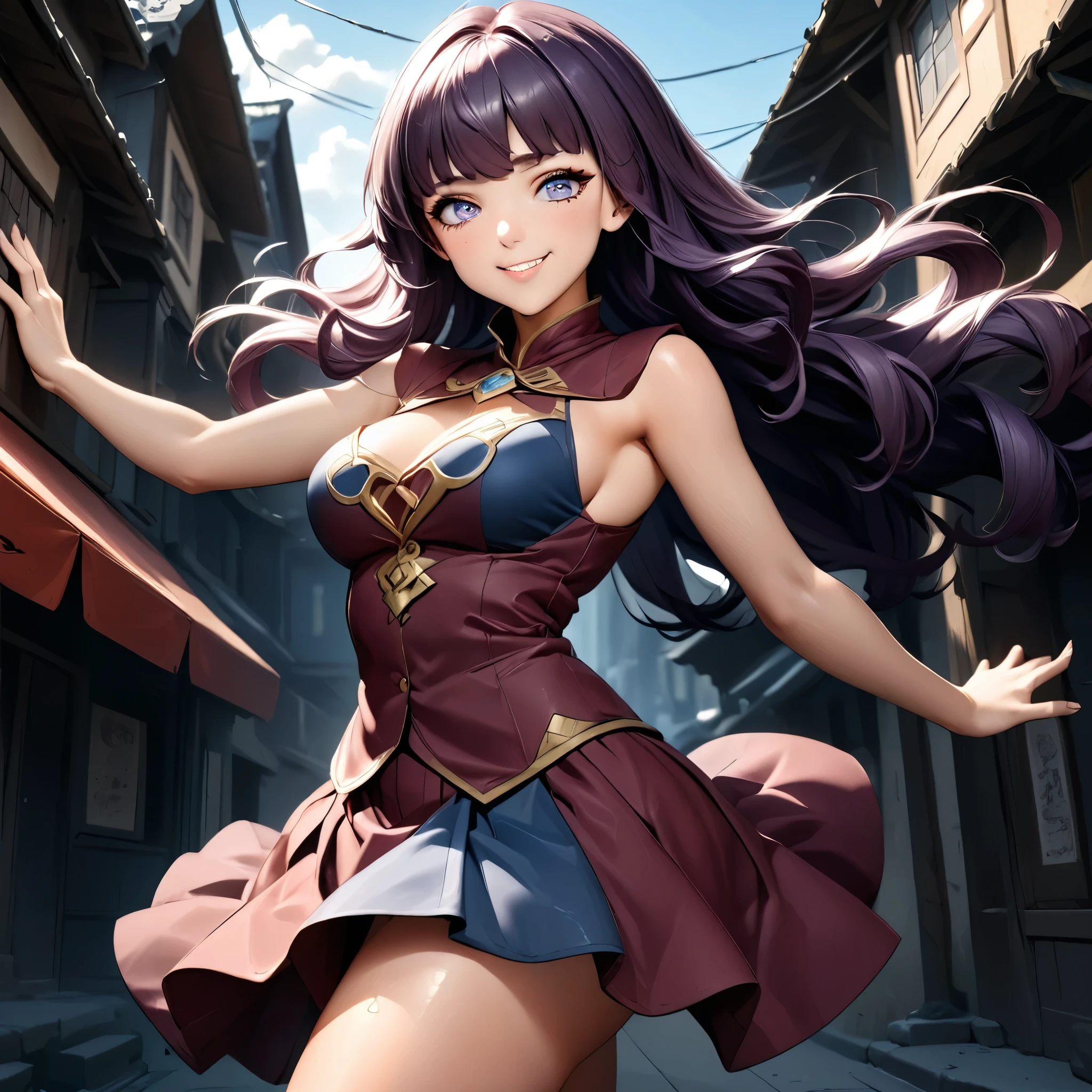 Masterpiece, 4K, HDR, full HD, (best quality), (ultra detailed), (only), intricate ANIME TYPE, best quality, 1girl, deep purple hair , hyper beautiful face, purple hair, perfect anatomy, shiny skin, full body, alone (shiny purple hair, long hair), looking at viewer, perfect hands, perfect legs, super detailed clothes, intricate clothes, hyper detailed cloths, super detailed face, super detailed skin, super detailed quality, expressive eyes, blue eyes, super detailed eyes, JK, epngekatsuragimisato ,  SDXL Illustration Design Beautiful Girl Two-dimensional Pretty Girl Digital Painting Comic Ukiyo-e Watercolor Manga Other,ROUGH, smile, blushing, dynamic pose, American shot, cowboy shot, portrait quality, she wears Velma Marie Dinkley's outfit, VelmaXL