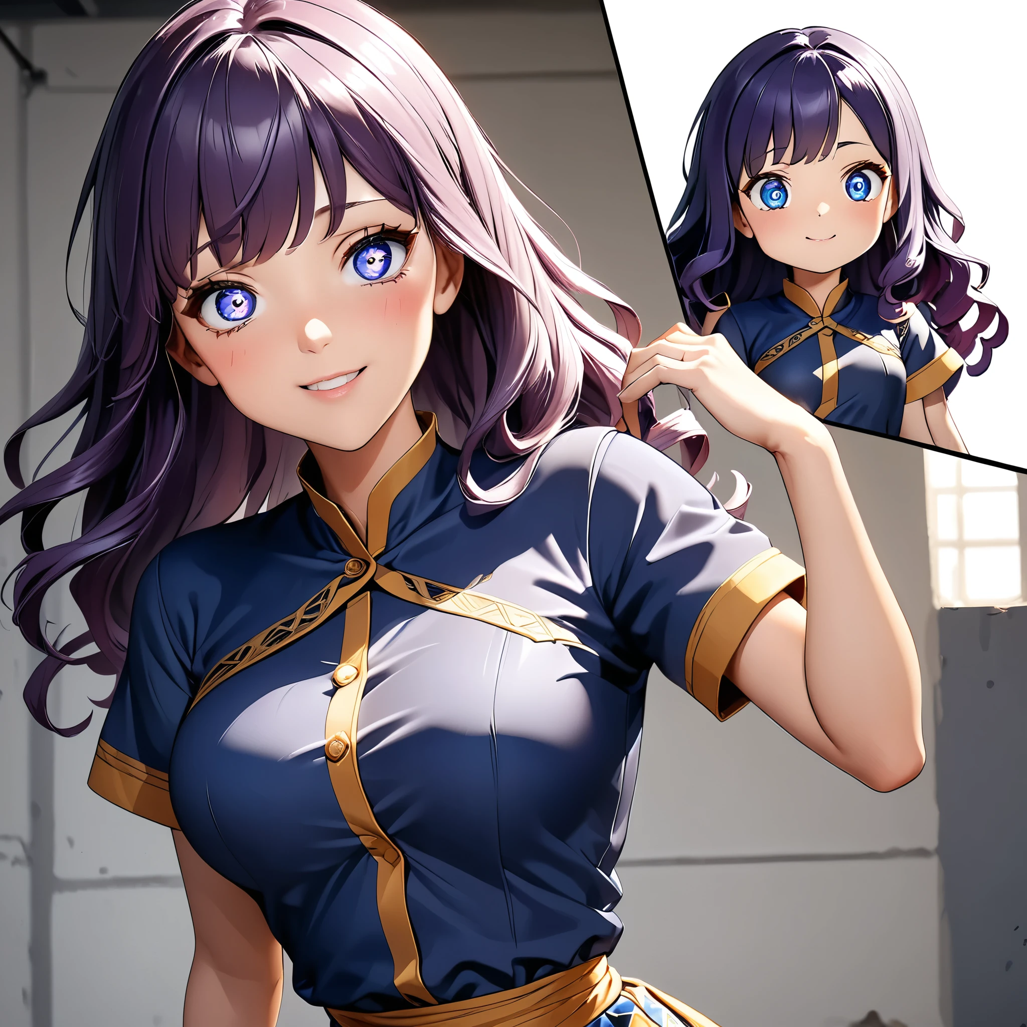 Masterpiece, 4K, HDR, full HD, (best quality), (ultra detailed), (only), intricate ANIME TYPE, best quality, 1girl, deep purple hair , hyper beautiful face, purple hair, perfect anatomy, shiny skin, full body, alone (shiny purple hair, long hair), looking at viewer, perfect hands, perfect legs, super detailed clothes, intricate clothes, hyper detailed cloths, super detailed face, super detailed skin, super detailed quality, expressive eyes, blue eyes, super detailed eyes, JK, epngekatsuragimisato ,  SDXL Illustration Design Beautiful Girl Two-dimensional Pretty Girl Digital Painting Comic Ukiyo-e Watercolor Manga Other,ROUGH, smile, blushing, dynamic pose, American shot, cowboy shot, portrait quality, she wears Daphne Blake's outfit, EPsbdDaphne, 