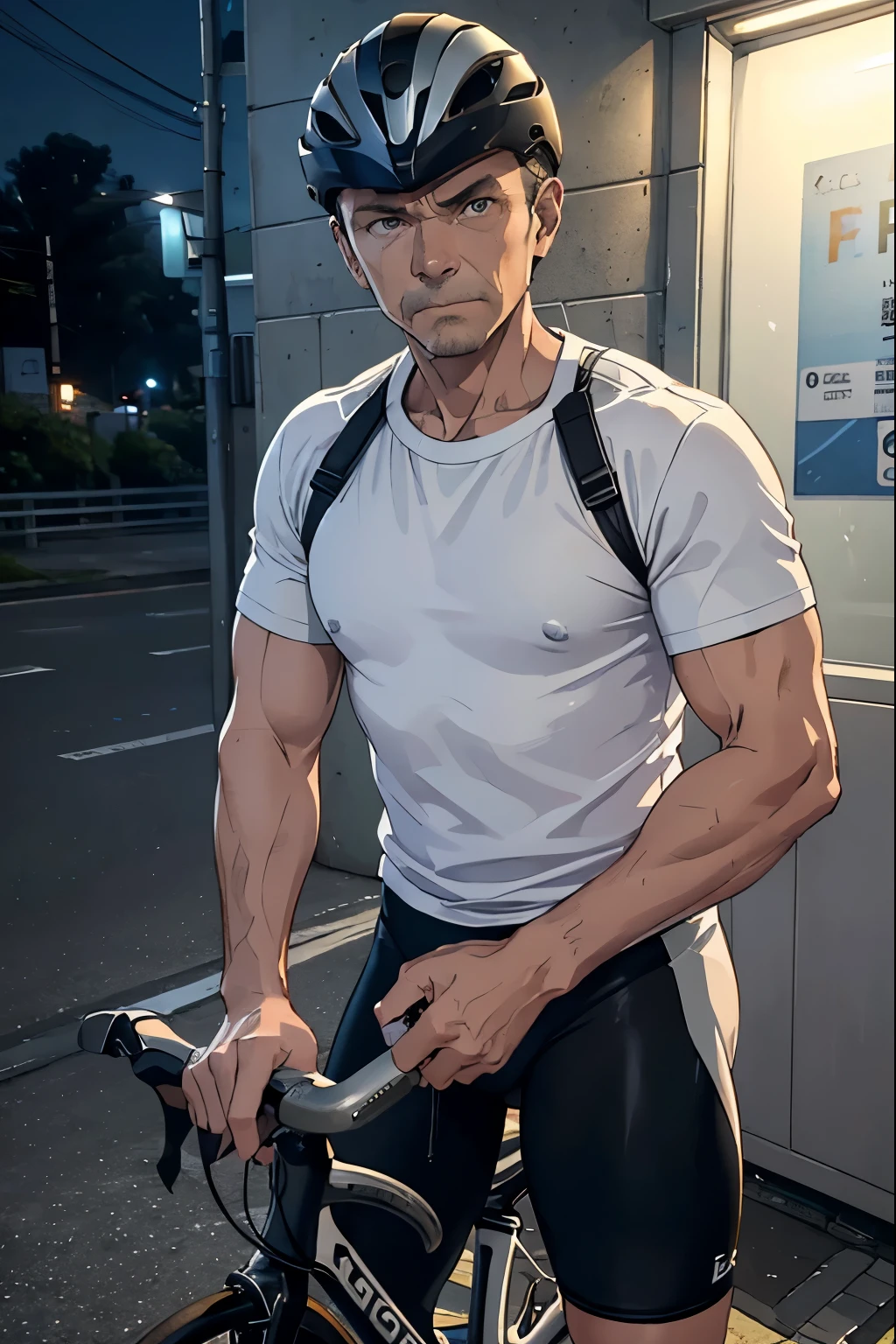  47 year old middle-aged man taking a selfie、 Road Bike Outfit 、White、Masculine、Shaved head、detailed expression、 in a suspicious creepy public toilet at night 、Road bike helmet 、white t-shirt and black spats 、Emphasis on the crotch、 overall dark and suspicious vibe 、