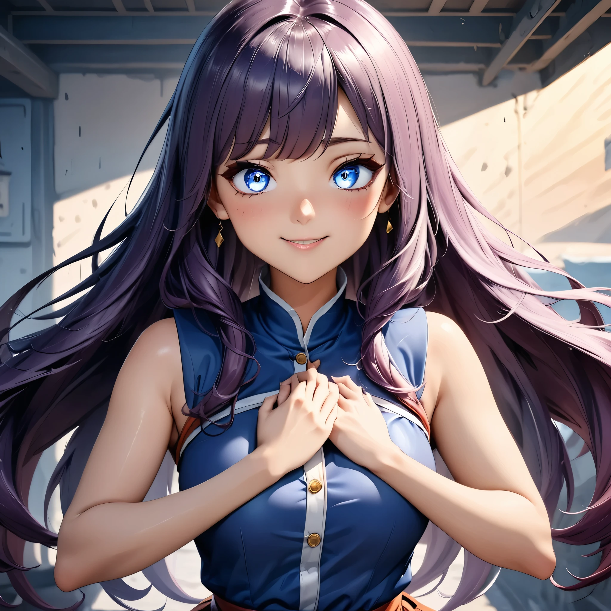 Masterpiece, 4K, HDR, full HD, (best quality), (ultra detailed), (only), intricate ANIME TYPE, best quality, 1girl, deep purple hair , hyper beautiful face, purple hair, perfect anatomy, shiny skin, full body, alone (shiny purple hair, long hair), looking at viewer, perfect hands, perfect legs, super detailed clothes, intricate clothes, hyper detailed cloths, super detailed face, super detailed skin, super detailed quality, expressive eyes, blue eyes, super detailed eyes, JK, epngekatsuragimisato ,  SDXL Illustration Design Beautiful Girl Two-dimensional Pretty Girl Digital Painting Comic Ukiyo-e Watercolor Manga Other,ROUGH, smile, blushing, dynamic pose, American shot, cowboy shot, portrait quality, she wears Daphne Blake's outfit, EPsbdDaphne, 