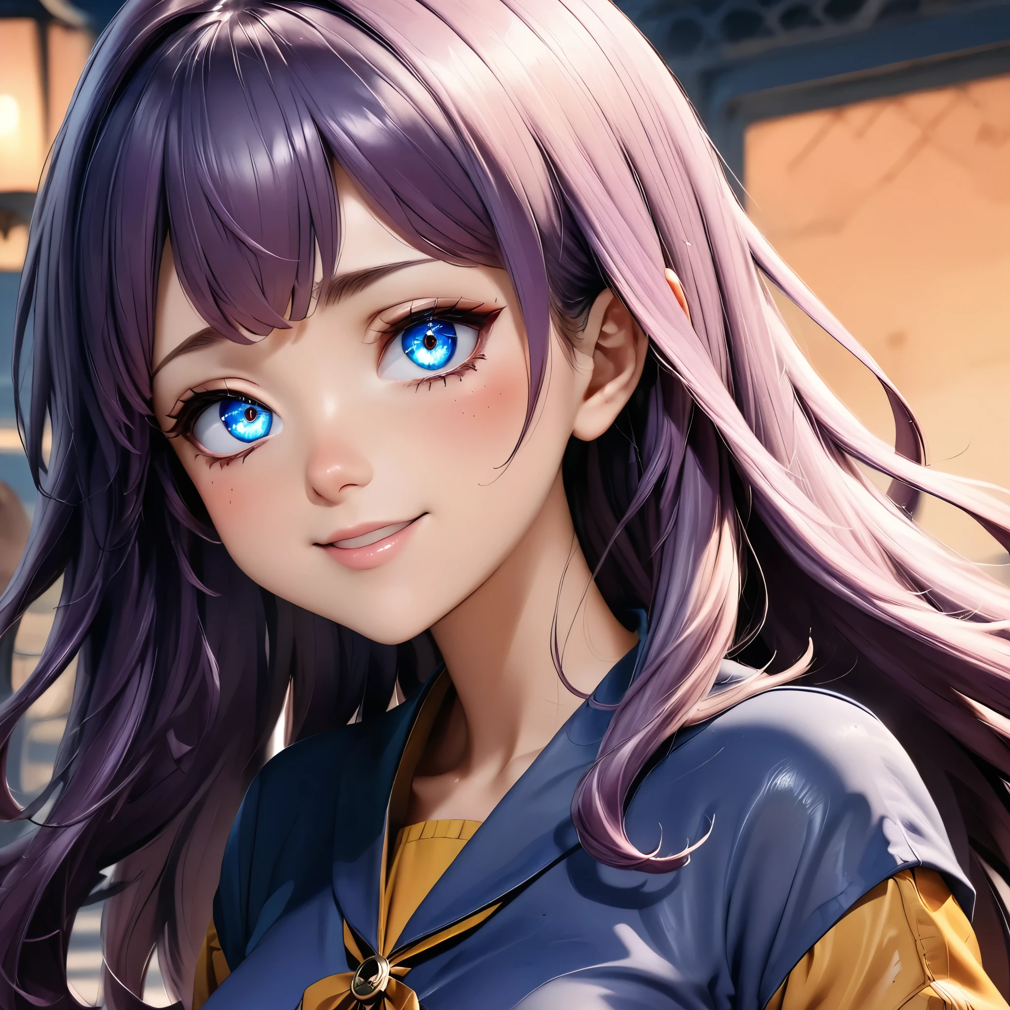 Masterpiece, 4K, HDR, full HD, (best quality), (ultra detailed), (only), intricate ANIME TYPE, best quality, 1girl, deep purple hair , hyper beautiful face, purple hair, perfect anatomy, shiny skin, full body, alone (shiny purple hair, long hair), looking at viewer, perfect hands, perfect legs, super detailed clothes, intricate clothes, hyper detailed cloths, super detailed face, super detailed skin, super detailed quality, expressive eyes, blue eyes, super detailed eyes, JK, epngekatsuragimisato ,  SDXL Illustration Design Beautiful Girl Two-dimensional Pretty Girl Digital Painting Comic Ukiyo-e Watercolor Manga Other,ROUGH, smile, blushing, dynamic pose, American shot, cowboy shot, portrait quality, she wears Daphne Blake's outfit, EPsbdDaphne, 