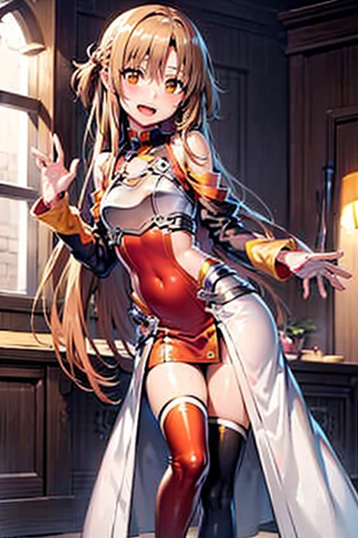 ((Best Quality)), ((masterpiece)), (be familiar with),  perfect face, indoor, bedroom,  watching viewers,
One woman, Yuuki Asuna,
 characters with open mouth ,  ecstatic expression , blush, smile,
Small breasts,  flat chest, , ,  kids, Girl,
Long Hair,  long hair,
Leg spread,