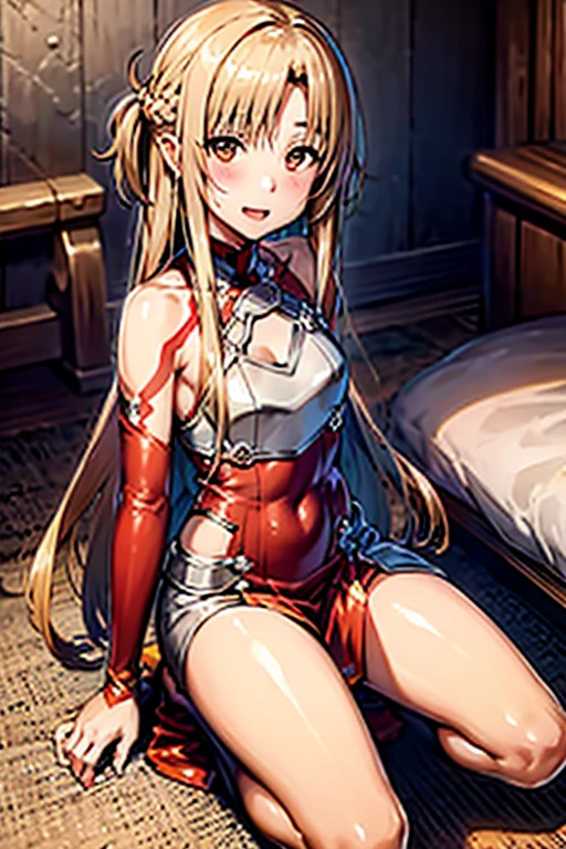 ((Best Quality)), ((masterpiece)), (be familiar with),  perfect face, indoor, bedroom,  watching viewers,
One woman, Yuuki Asuna,
 characters with open mouth ,  ecstatic expression , blush, smile,
Small breasts,  flat chest, , ,  kids, Girl,
Long Hair,  long hair,
Leg spread,