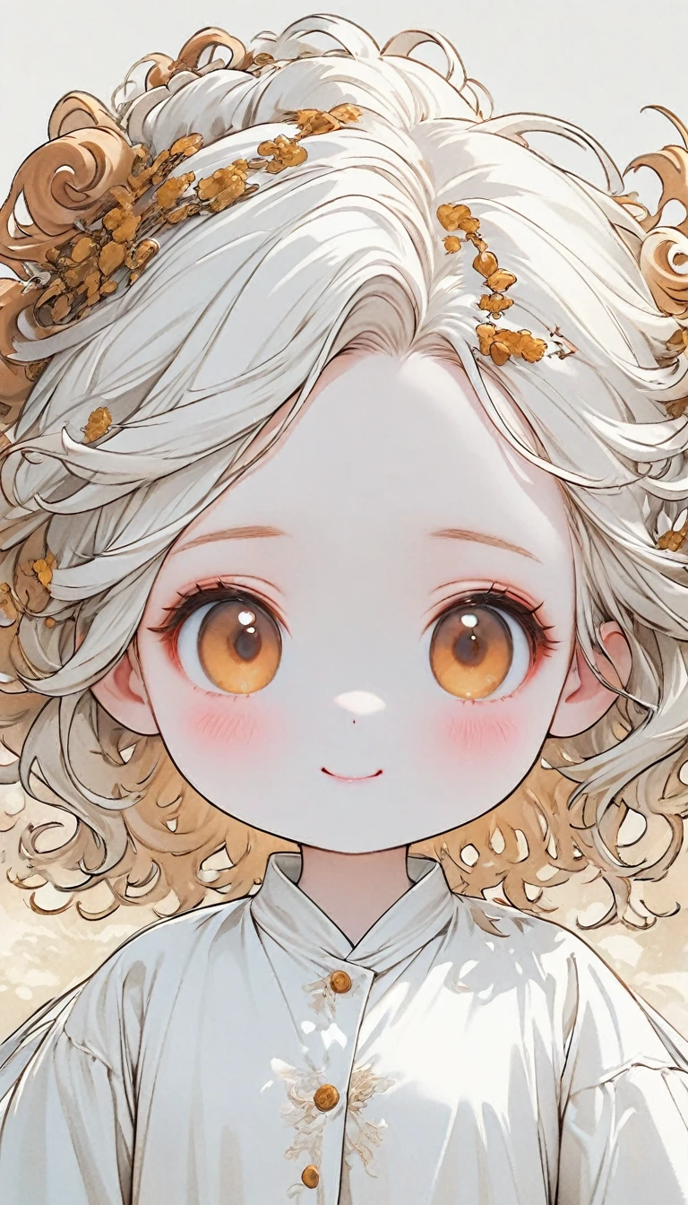 chibi, best quality, super fine, 16k, incredibly absurdres, extremely detailed, delicate, flashy and dynamic depiction, cute white woman, shy, smile, orange curly messy hair, wearing white long-sleeved and long skirt work clothes, portrait, gold eyes, background simple color, medieval western-style building