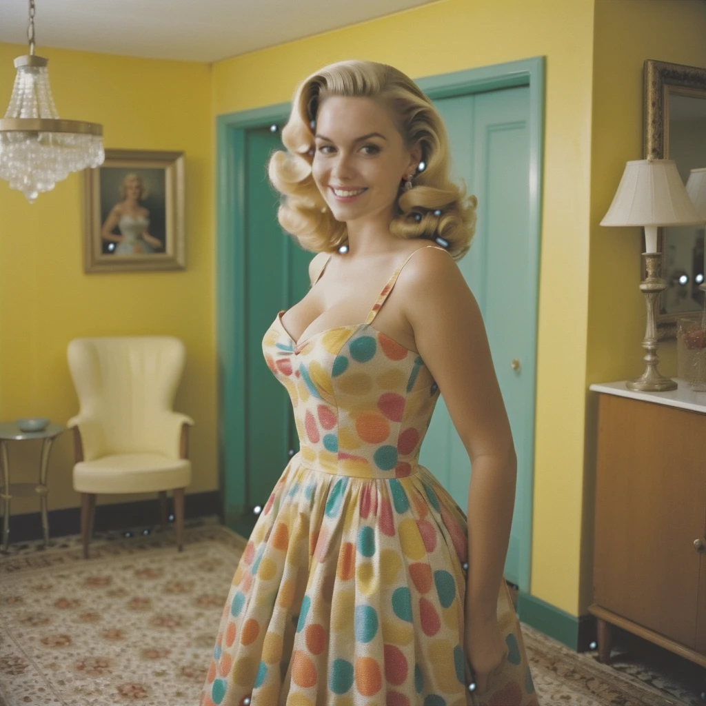Carroll Baker wearing short tight dress and smiling