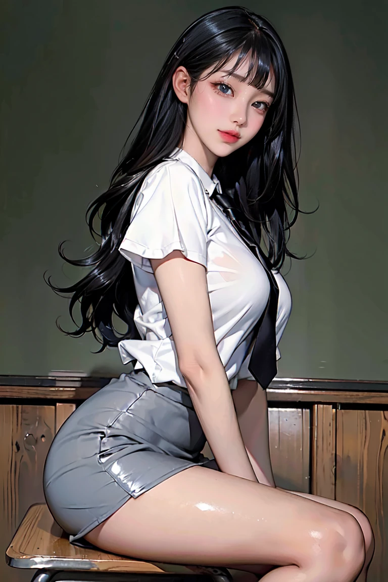 ((masterpiece、highest quality、realistic、Super detailed、High resolution、Photoreal、sharp focus, 8k)), (solo, Face to below knee:1.37, from side, looking at viewer), With an oval face and symmetrical facial structure, medium breasts,(white collared shirt, grey tight mini pencilskirt, blacknecktie :1.2, straight hair, long hair, black hair, short blunt bangs), (in class room:1.2), soft skin, white arms, high color saturation, detailed hand drawn,(blush:1.37), ((slender beautiful body shape)), (shiny skin:1.2), korean idol,black hair,beautiful girl,skistyle,oda non