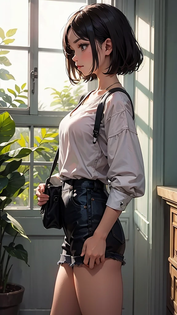shasa from the anime Shingeki no Kyojin, shoulder length hair, brown hair, ponytail, ponytail, beautiful, beautiful woman, perfect body, perfect breasts, wearing an oversized brown t-shirt, short jeans, wearing a handbag, watch, wearing earrings earrings, comfortably there shop, department store, ponytail, looking at the viewer with a slight smile, realism, masterpiece, textured leather, super detailed, high detail, high quality, best quality, 1080p, 16k