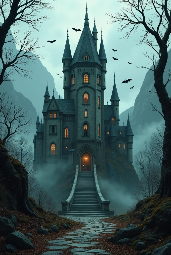  graphic illustration wallpaper ， an ancient tree The castle stands in the center of the picture， Bats fly out of the tower ， with uneven spires ， There are rusty nails and ancient patterns ，Twisted branches，The fog is thick。 The steps in front of the door are covered with moss and fallen leaves ， A round of red full moon hangs high in the sky ，The exterior of the castle is dilapidated ， The walls are covered with dead vines ，The windows let in dim light。The door is closed， There are looming mountains in the distance ， The steps in front of the door are covered with moss and fallen leaves 。 。 The castle is surrounded by dead woods 