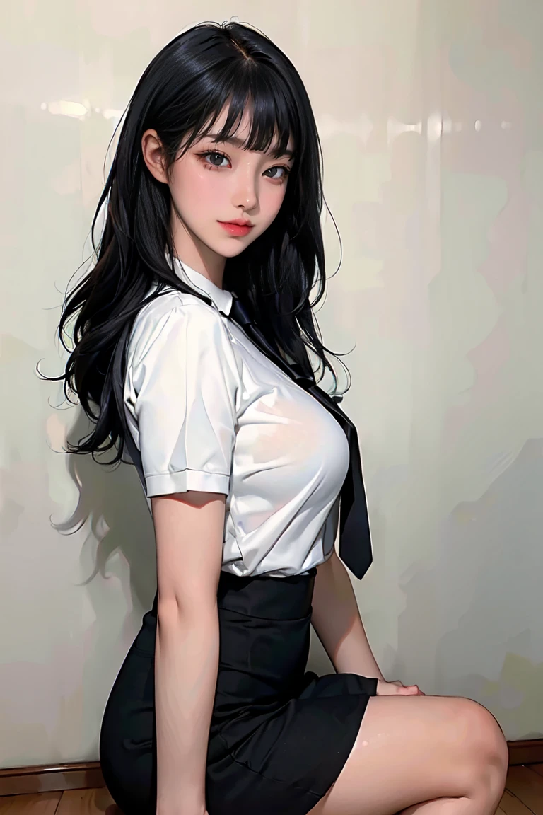 ((masterpiece、highest quality、realistic、Super detailed、High resolution、Photoreal、sharp focus, 8k)), (solo, standing, Face to below knee:1.37, from side, looking at viewer), school background, With an oval face and symmetrical facial structure, medium breasts,(white tight collared shirt, grey tight mini pencilskirt, blacknecktie :1.2, straight hair, medium hair, black hair, short blunt bangs), soft skin, white arms, high color saturation, detailed hand drawn,(blush:1.37), ((slender beautiful body shape)), (shiny skin), korean idol,black hair,beautiful girl,skistyle,oda non