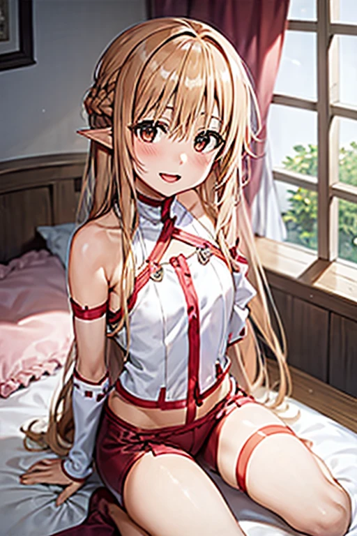 ((Best Quality)), ((masterpiece)), (be familiar with),  perfect face, indoor, bedroom,  watching viewers,
One woman, Yuuki Asuna,
 characters with open mouth ,  ecstatic expression , blush, smile,
Small breasts,  flat chest, , ,  kids, Girl,
Long Hair,  long hair,
Leg spread,