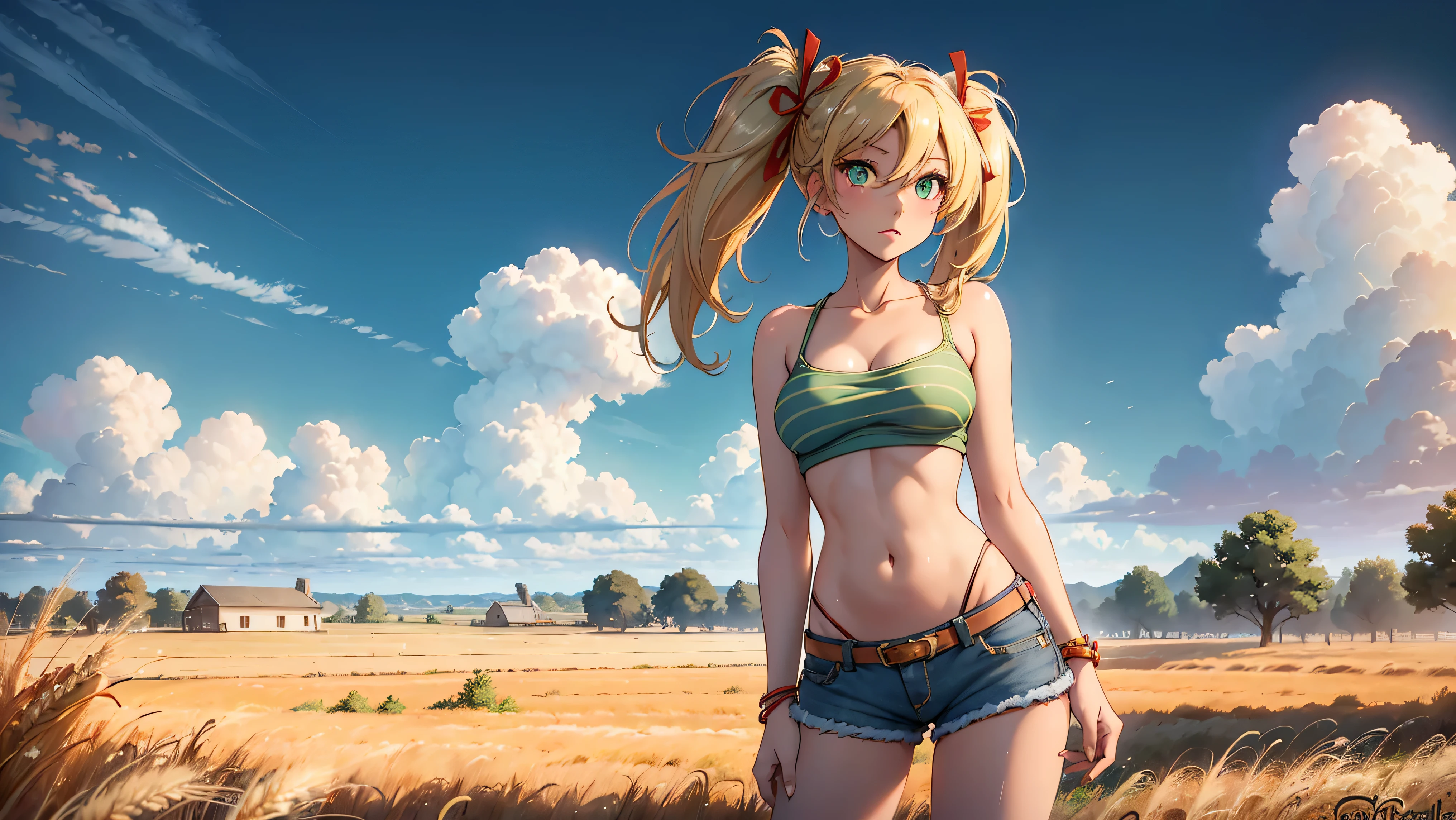 1girl, solo, (masterpiece, best quality, High Detail, 8K), blonde, long wavy hair, twintails with red ribbons in hair, tanned skin, extremely sexy, bikini tan, Head to hips shot, Full body shot, cowboy shot, skinny, large green eyes, ((thin waist, small hips, long torso)), ((Dean Yeagle Style - Mandy)), wearing cutoff bluejean short-shorts, country girl, farm background, wheat field,