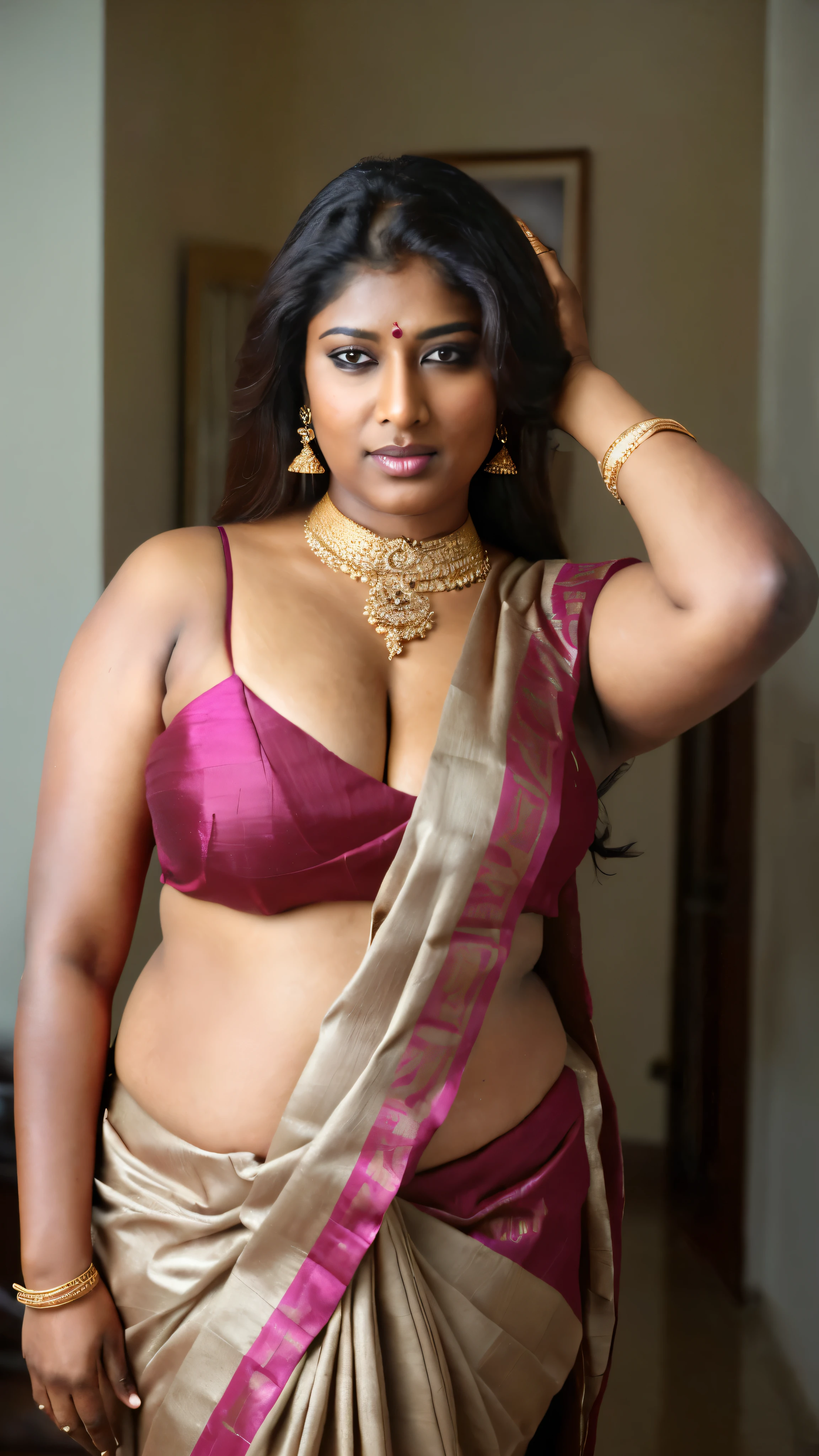 Foto RAW, photorealistic, photography, full body shot, 60 years old Woman, mascara, eye kajal, juicy figure, master shot, perfect eyes, goddess like beauty, pierced eyes, perfect thick chubby mallu Desi aunty bhabhi, Wearing a Stanapatta, a chest-band.Saree model, model Photography, Indian saree shoot, Indian traditional wear advertising photography, traditional wear brand shoot, face of Indian actress Sonakshi Sinha, masterpiece, realistic, realism, incredible details,  pleasure, photorealism, detailed skin, skin pores, high contrast, photorealistic Artstation 8k HD digital art trend of high definition and detailed realistic skin texture, ultra detail, realistic skin texture, armature, best quality, ultra high definition, (photorealistic:1.4),, high resolution, detail, raw photo, sweat, Re sharp, by Lee Jefferies Nikon D850 Film Stock Photo 4 Kodak Portra 400 Camera F1.6 Lens Rich Color Ultra Real Realistic Realistic Textures Dramatic Lighting Unreal Engine Trending at Art Station Cinestill 800,(pele altamente detalhada: 1.2), 8k UHD, DSLR, soft-lighting, alta qualidade, grain of film, Fujifilm XT3,she didn't like to wear blouse or bra, she is happy to wear only saree, she hates blouse or bra, highly detailed hairy armpits, hyper realistic skin, skin pores, sweat, veins, stubble armpits, erotic temptation, appealing figure, appealing body language, fleshy arms, horny desi indian mommy, she wants to dominate young boys by showing her tempting figure, irresistibly hot, armpits hair clearly visible, freckles 0.2, stretchmarks 0.2, 