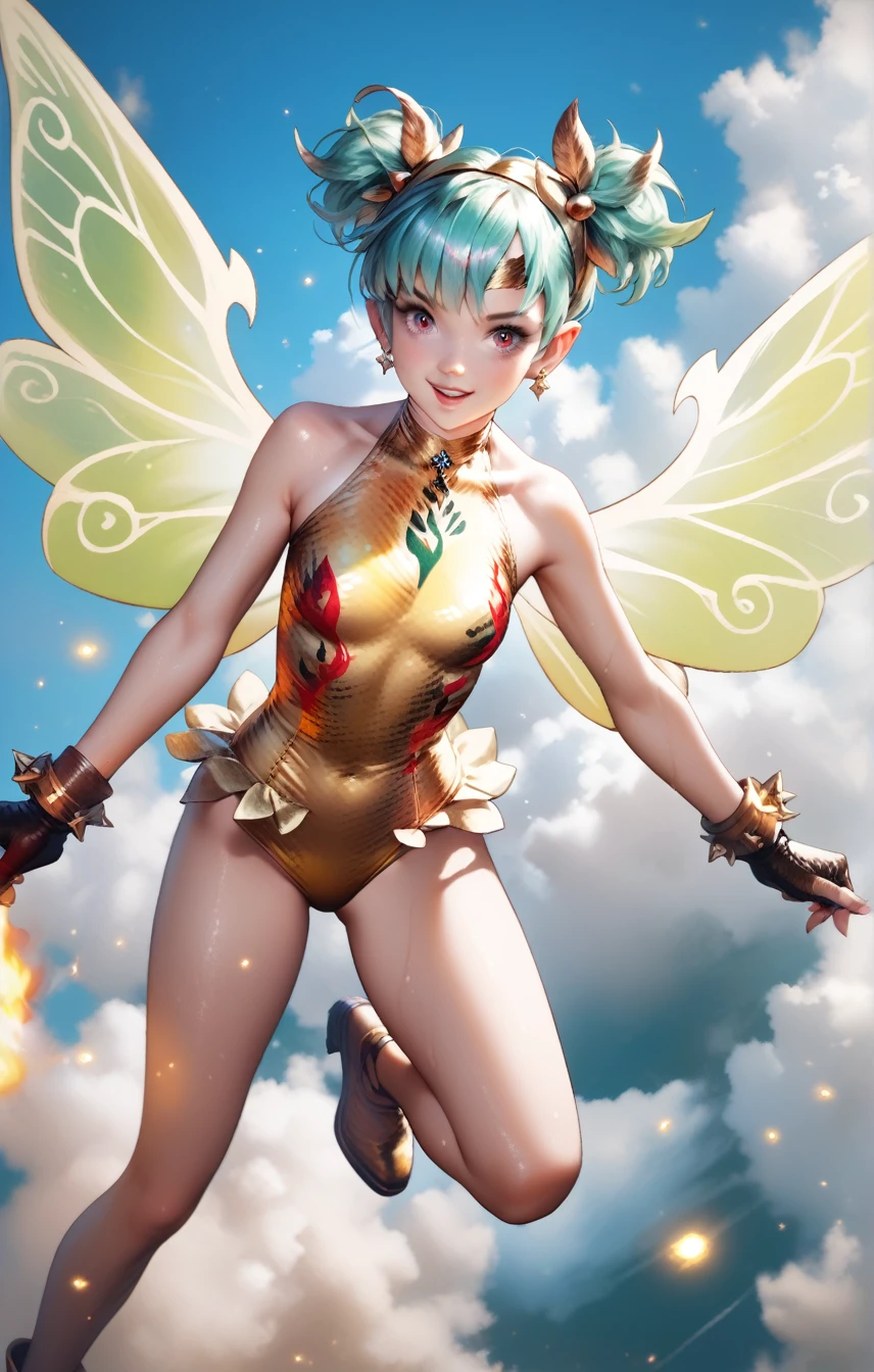 This is an anime inspired digital painting of a petite fairy wearing a red and yellow one-piece bathing suit with flame pattern. She has teal hair in a pixie cut with a gold headband. She has 4 dragonfly wings. She is flying above the clouds in the sky.
