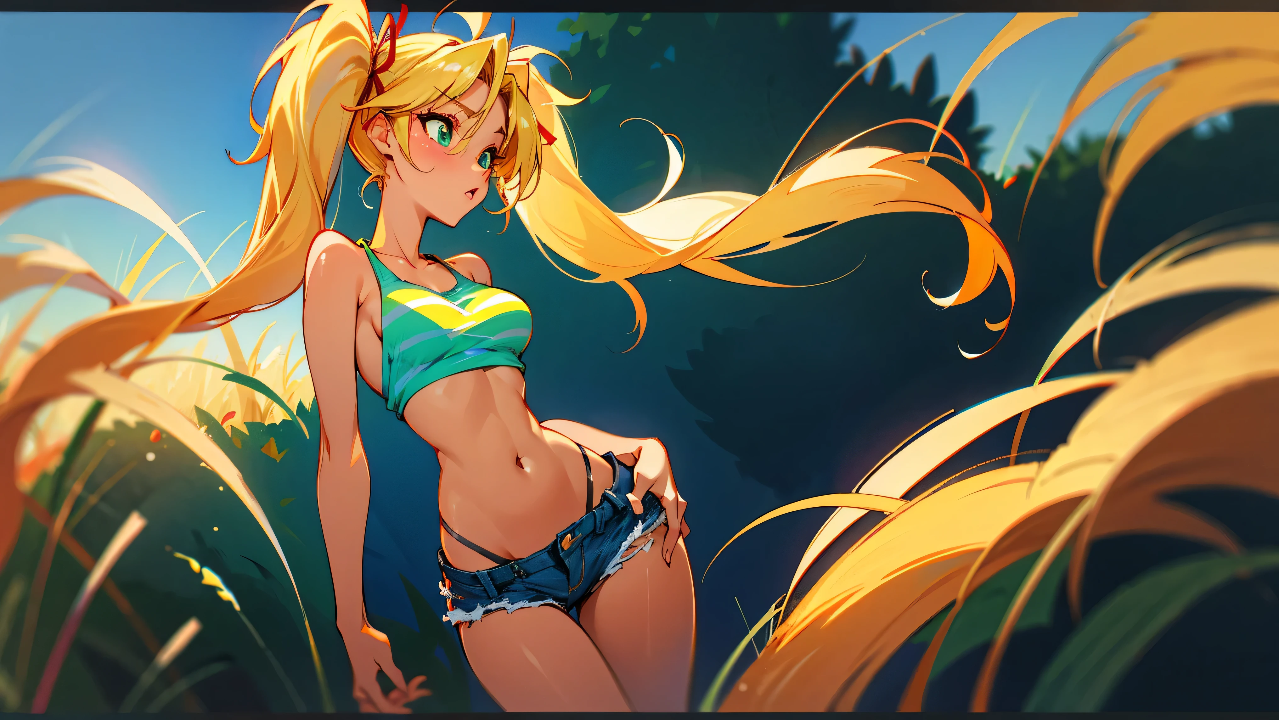 1girl, solo, (masterpiece, best quality, High Detail, 8K), blonde, long wavy hair, twintails with red ribbons in hair, dark tanned skin, extremely sexy, bikini tan, large breasts, Head to hips shot, Full body shot, cowboy shot, skinny, large green eyes, ((thin waist, small hips, long torso)), ((Dean Yeagle Style - Mandy)), wearing cutoff bluejean short-shorts, country girl, farm background, wheat field,