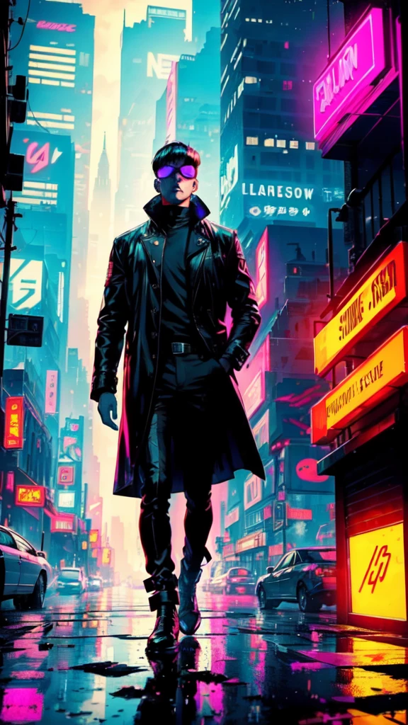  A vintage comic book cover inspired by the look of Blade Runner 2049 ,  combining dark and futuristic aesthetics with classic 1940s charm .  The focus of the cover is a tired looking male protagonist ,  dressed in a long dark coat that flows down to the knees ,  with subtle details that suggest advanced technology .  It is standing on a urban landscape illuminated by neons ,  where tall and imposing buildings emerge under a covered in clouds ,  filled with an ethereal mist that emanates mystery . Behind him,  neon signs in shades of blue ,  orange and pink shine brightly ,  reflecting in the rain that falls and in the puddles on the ground .  Dramatic lighting enhances the environment and the contemplative expression of the protagonist ,  as he observes the city full of life and shadows . The title 'Neon Dreams :  A Blade Runner's Tale' appears in large, stylized letters ,  with a luminous effect reminiscent of neon ,  and a small price of '10¢' and the edition number located on the edges ,  providing a classic touch .  The cover is adorned with light wear and subtle textures ,  with folds and a slightly faded appearance ,  as if it were an old and well-preserved magazine ,  reflecting the rich narrative and the immersive atmosphere of a futuristic world where the past and the present collide,  capturing the essence of Blade Runner 2049 in a nostalgic and impactful presentation .