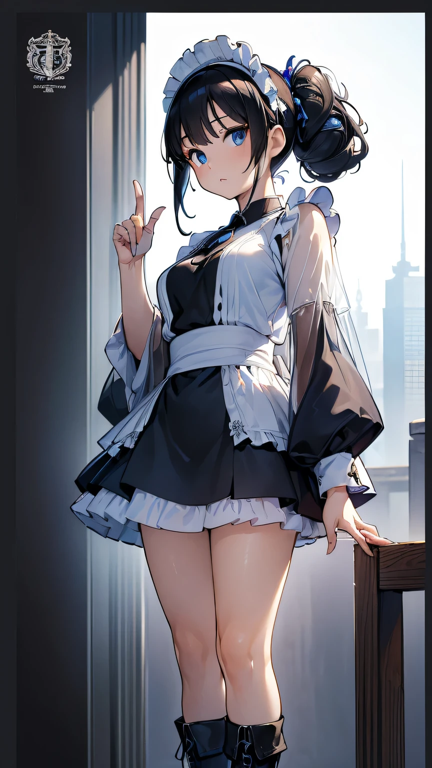 1girl,legs,a girl at building,(((building))), braided bangs,braided ponytail,(solo:1.2),apron,thick thighs,side-tie panties, balck hair, 16yo,looking at viewer, sunlight,hanfu,