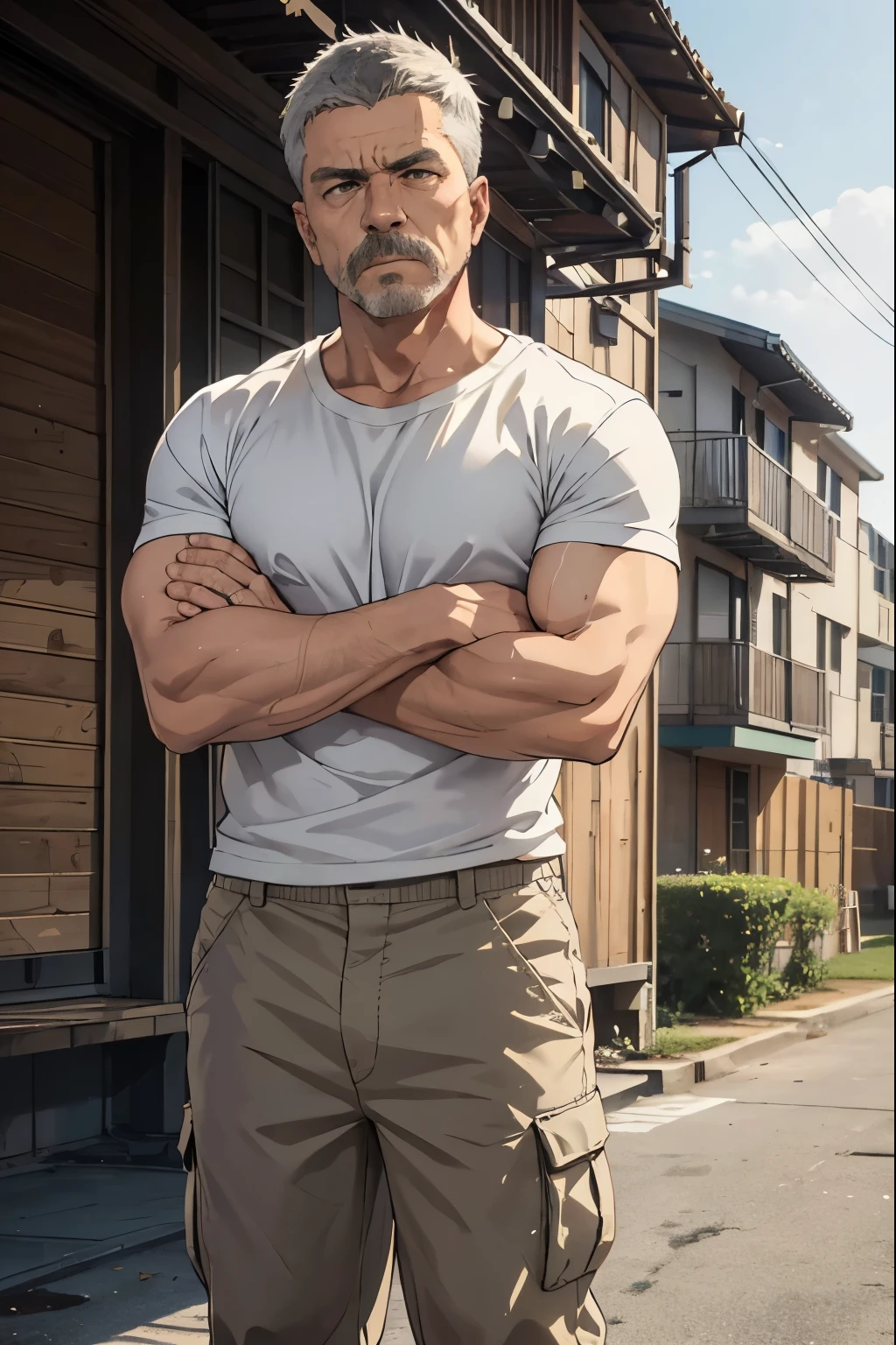 Carpenter standing with arms crossed ５０ --old dle-aged male carpenter 、Muscular、Gray Hair、 white t-shirt and khaki cargo pants、Short Hair、Crew cut、Masculine、Stubble、Intimidating、detailed expression、 background is a housing construction site、