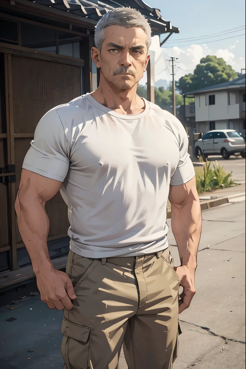 Carpenter standing with arms crossed ５０ --old dle-aged male carpenter 、Muscular、Gray Hair、 white t-shirt and khaki cargo pants、Short Hair、Crew cut、Masculine、Stubble、Intimidating、detailed expression、 background is a housing construction site、