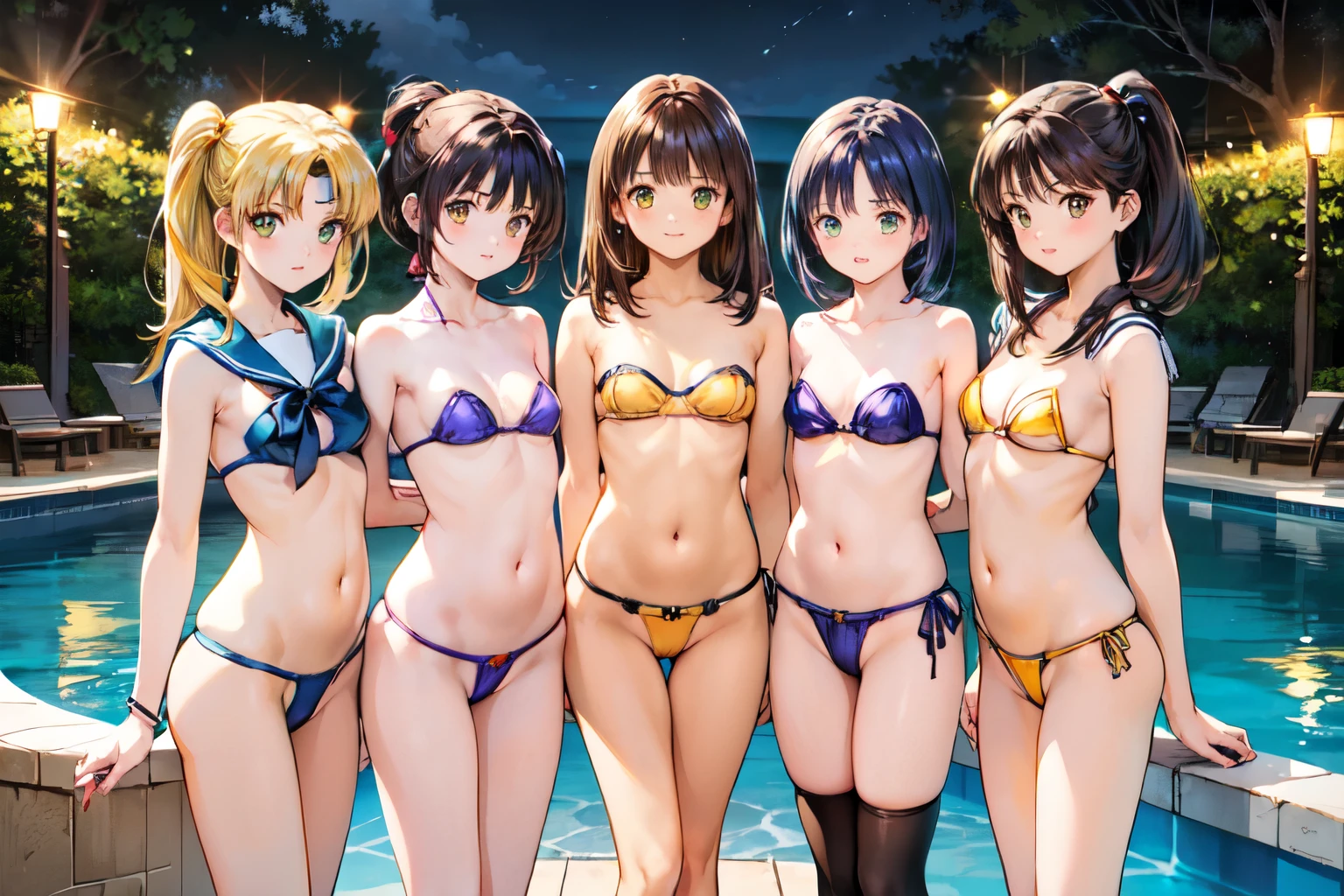 High image quality, 8K, high quality, masterpiece:1.2), ((masterpiece)), (High detail, high quality, 最High image quality), Depth of written boundary, Portraiture, Open Stance, (Cute illustrations:1.3), (5 non-virgin girls:1.2), Poolside, (Different hair colors and hairstyles), (Multiple girls with the same style:1.2), Dawn, Beautiful light, Professional Lighting, (Slightly small chest), (Dark brown areola), (Brightly colored swimsuits;1.8), ((Low V-neck one piece bikini swimsuit);1.5), Extremely revealing swimsuit, (A swimsuit that is as transparent as air, right down to the nipples and areola:1.8), (Idol Master:1.2), Cute round face girl, sexy, Dynamic pose, An exciting mood, smile, Dynamic Angle, Underarm,