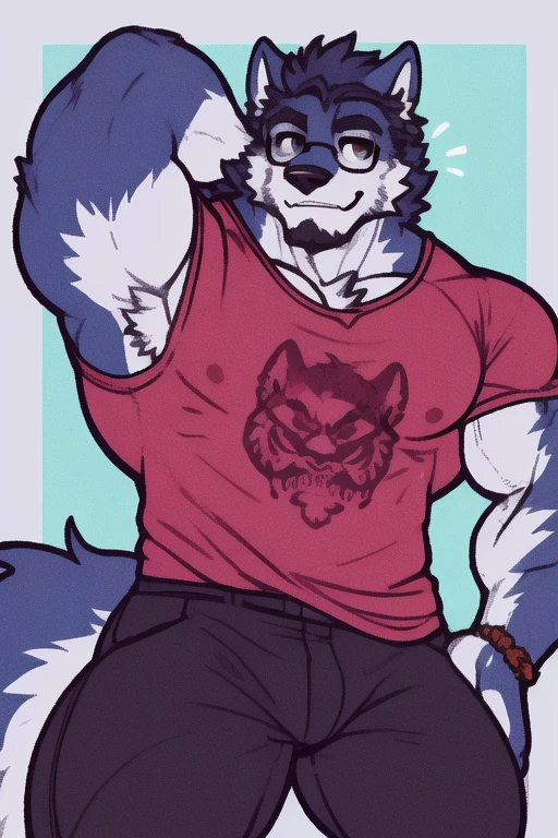 a wolf with pink fur, very muscular, flexing the muscles of the right arm, looking at the flexed arm and smiling, with glasses, a t-shirt glued to the body, and a giant, thick blouse tied around the waist, with a front pose, like an visual novel character